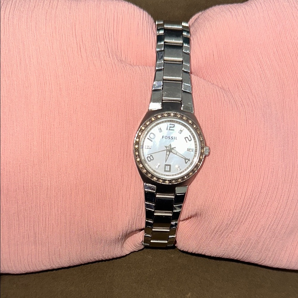 Fossil Silver Watch with Iridescent Pearl Face